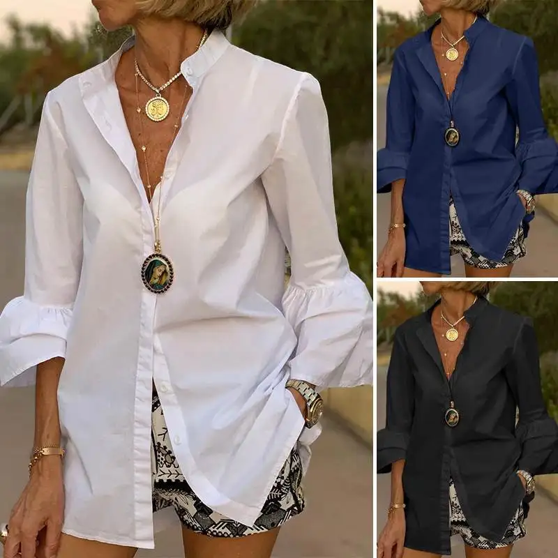 

White Shirt Women Solid Color Flare Sleeve Shirts Spring Tops 2023 Sexy V Neck Button Up Office Shirts Femininas Blusas