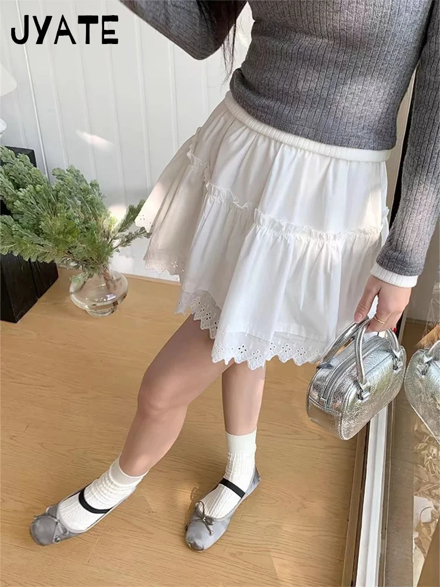 

Sweet Lace Hem Ruffle White Mini Skirt Summer Simple A-line High Waist Short Faldas Female Vintage Cute Preppy Style Y2K Skirts