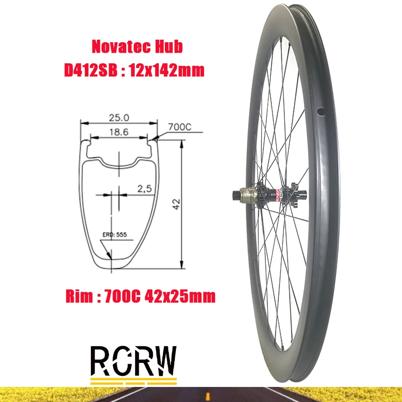 

700C Road 42x25mm Rear Wheelset Carbon Rim 24Hole Asymmetric Tubeless Deep 42 Wide 25 Novatec D412SB 6 Bolts XDR Hub HG XD XX1