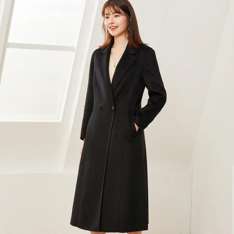 

Высококачественное двухстороннее твидовое шерстяное пальто в стиле водной волны, женское длинное пальто выше колена, корейское твидовое пальто для женщин на осень и зиму 2023