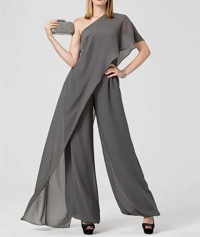Long Jumpsuits Gray Mother of Bride Dresses One Shoulder Floor Length Chiffon Wedding Guest Formal Evening Dress with Draping
Long Jumpsuits Gray Mother of Bride Dresses One Shoulder Floor Length Chiffon Wedding Guest Formal Evening Dress with Draping