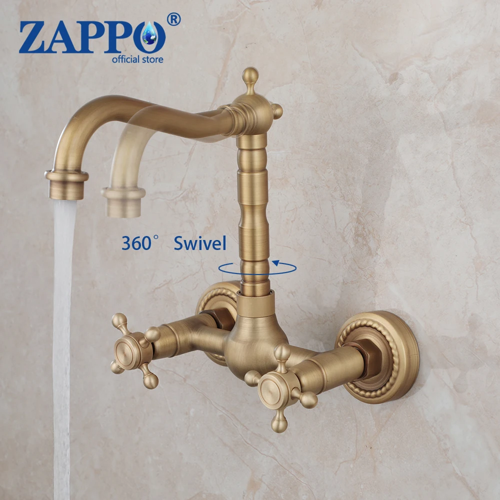 

ZAPPO Bathroom Faucet Wall Mounted Two Handles Faucets w/360 Swivel Spout Bathroom Sink Faucet Mixer Bathtub Tap Antique Brass