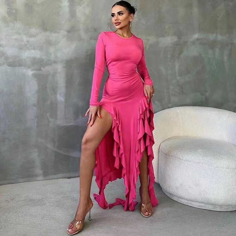 

Autumn and Winter New Women's Fashion Trend round Neck Long Sleeve Slim Fit Slit Ruffled Dress Wensd