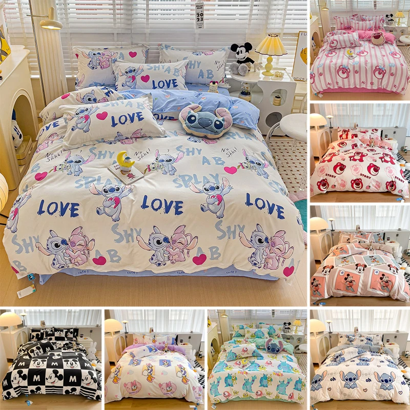 

Disney Bedding Set Cartoon Lotso Stitch Mickey Minnie Duvet Cover Bed Sheet Pillowcase King Queen Full Twin Size Home Textile