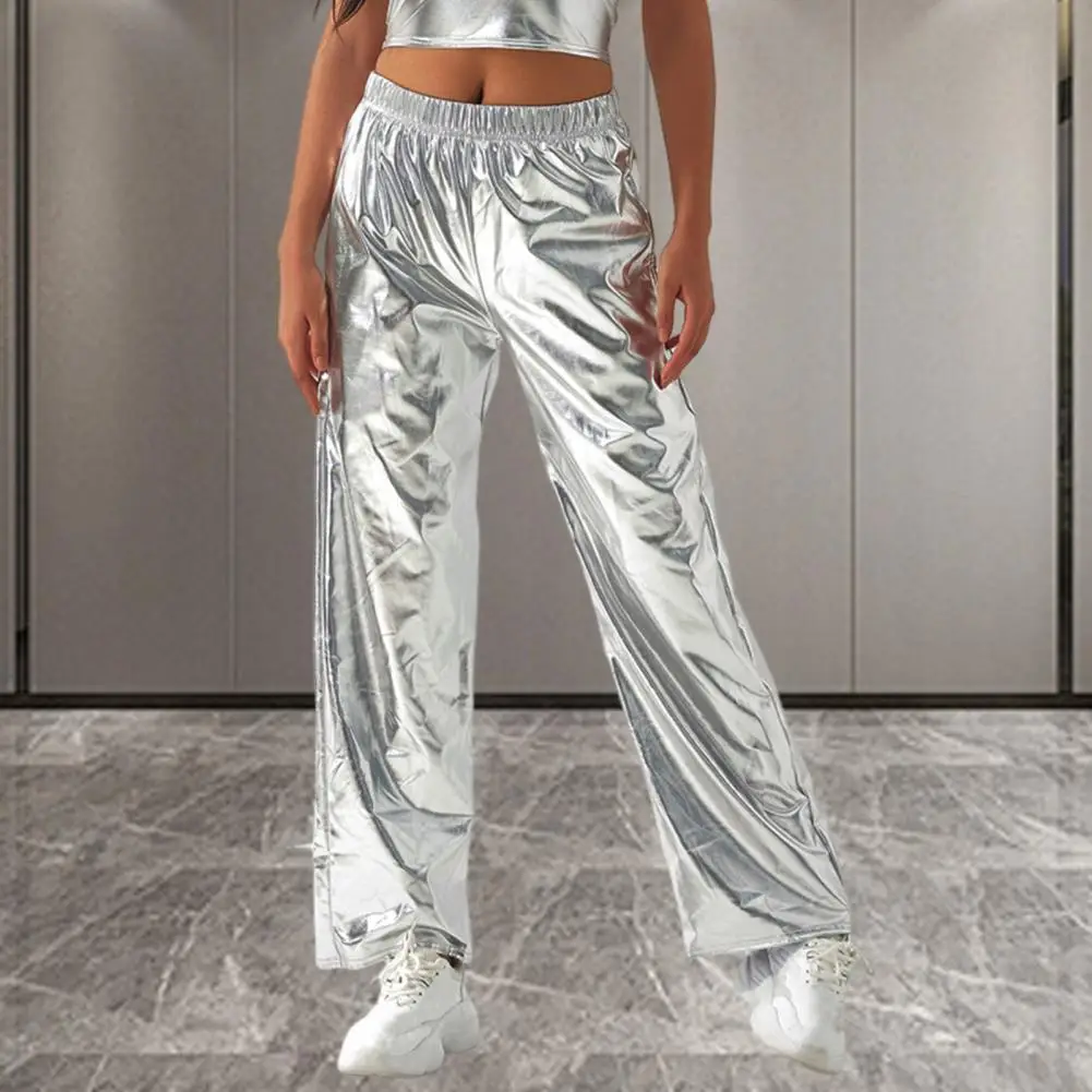 

Women Wide Leg Pants Women's Metallic High Waist Holographic Pants Wide Leg Streetwear Trousers with Reflective Shine Hip Hop