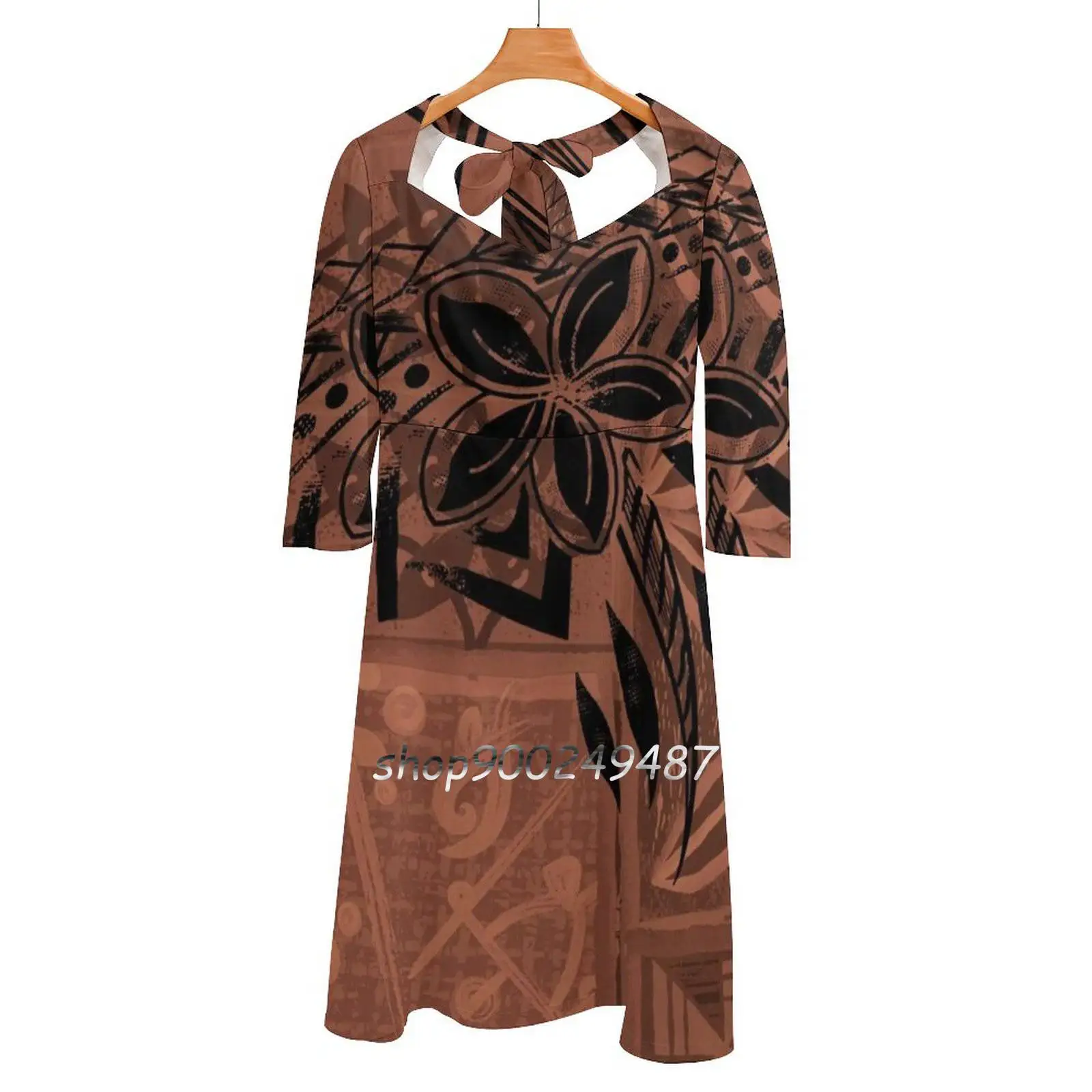 

Vintage Hawaiian Tribal Petrogyph Pattern Square Neck Dress Sweet Summer Dress Women Elegant Halter Print Dress Polynesian