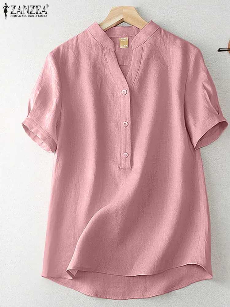 

ZANZEA Summer Elegant Loose Chemise Cotton Blouse Vintage OL Work Tunic Tops Women Casual Solid Shirt V Neck Short Sleeve Blusas