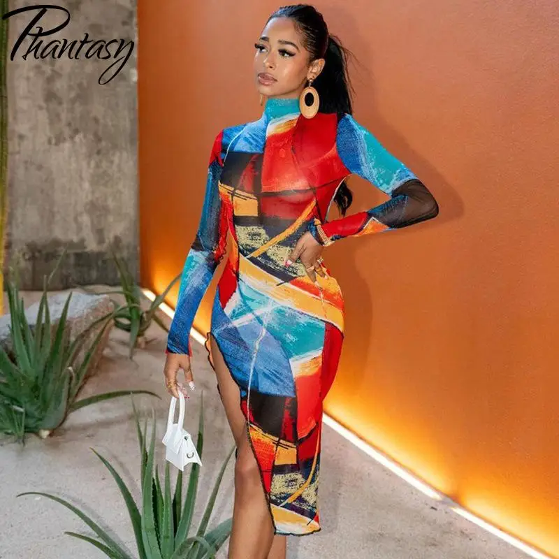 

Phantasy Sexy See Through Dress for Women Tie-Dye Printing Slim Dress Female Summer O-Neck Long Sleeve Slit Party Dress Clothes