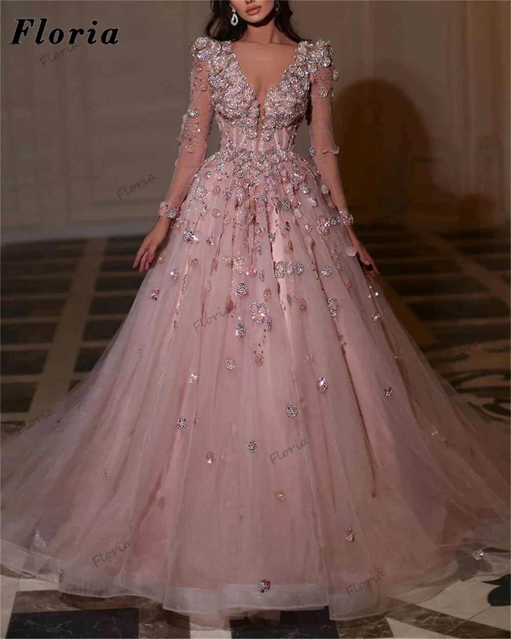 

Вечерние платья принцессы с бисером и цветами, арабское розовое коктейльное платье с длинными рукавами вечерние, роскошное ТРАПЕЦИЕВИДНОЕ платье для выпускного вечера