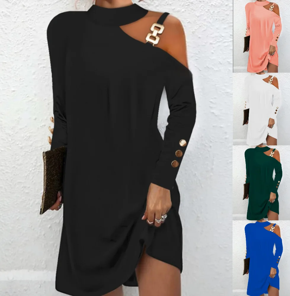 Женское платье с металлическими пуговицами, Элегантное повседневное однотонное платье с длинным рукавом и вырезом на пуговицах, осень 2023