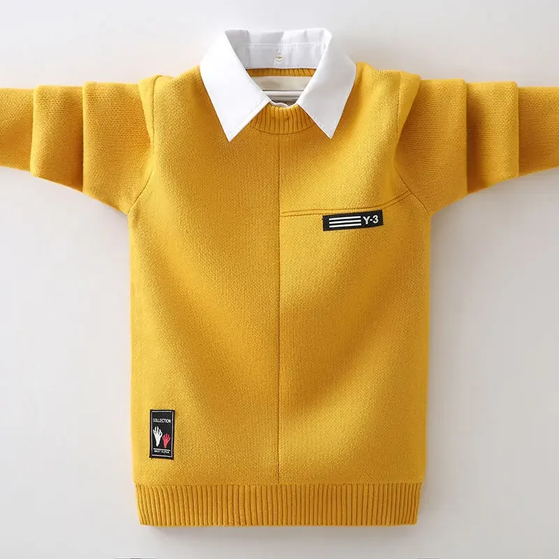 

Boys Winter Fake Two-piece Sweaters Kids Spring Thick Warm Label Pullovers Teen Plush Knitted Top Child Autumn Jumper Knitwear