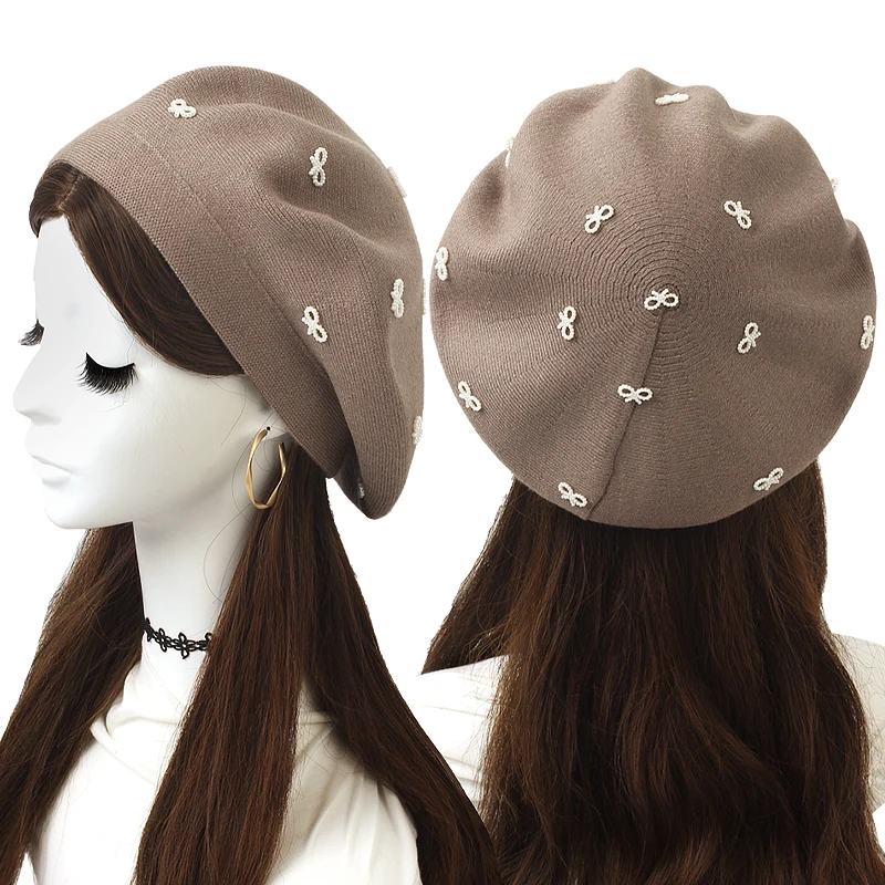 

Women Coloured Pearl Bow Cashmere Berets Hat Fashion Solid Color Knitted Casual Berets Ladies French Artist Plain Beanie Cap