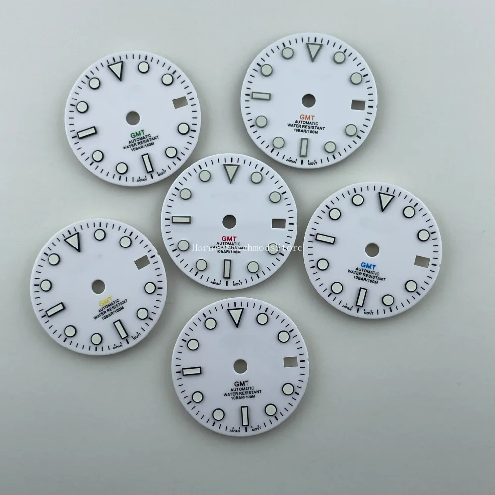 

New modified 28.5mm enamel white lettering green glow SUB GMT four pin dial compatible with NH34 movement watch accessories