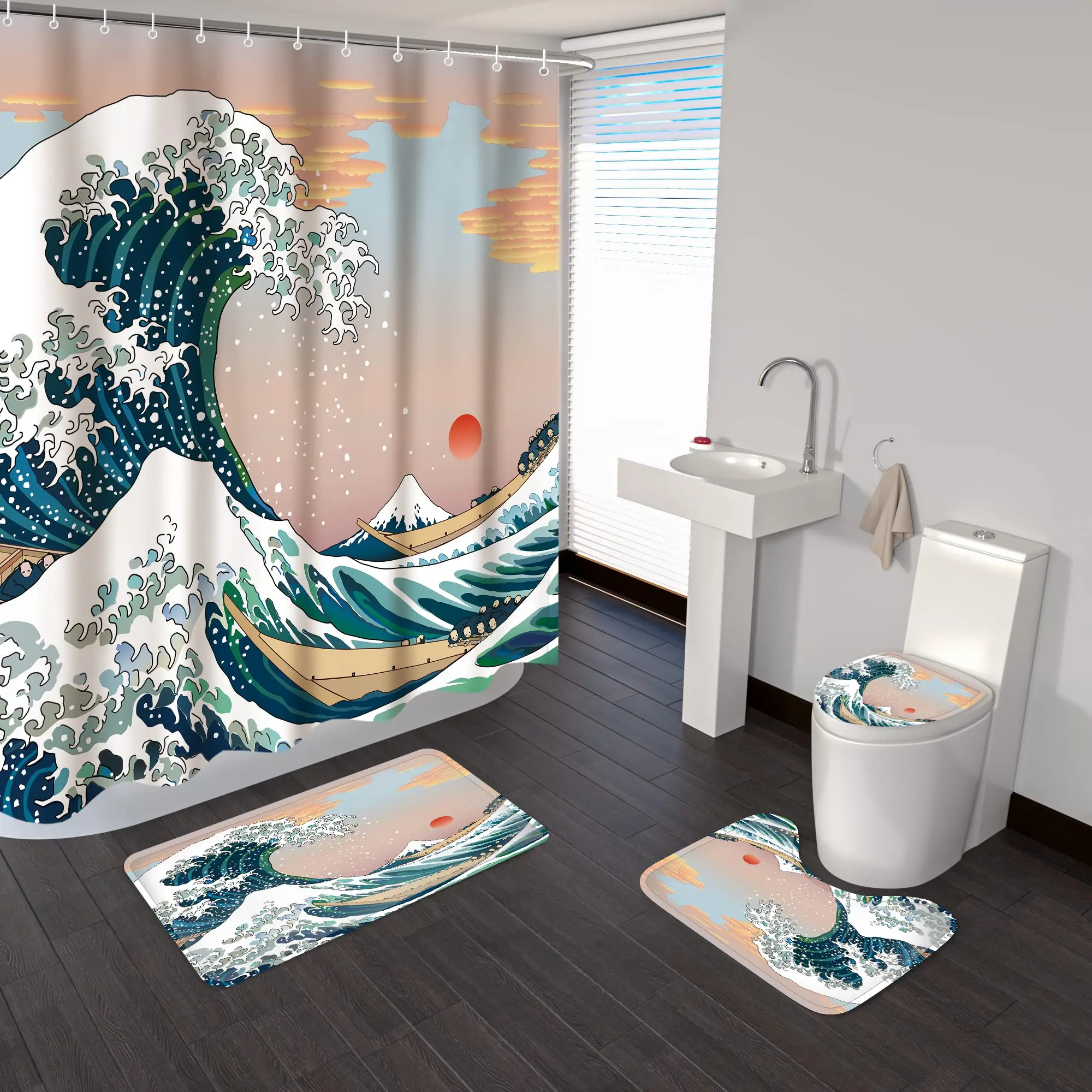 Hokusai Great Wave Shower Curtain Set Non-Slip Rugs Toilet Lid Cover Mat Durable Bathroom Curtains Set Waterproof Japanese Art
Hokusai Great Wave Shower Curtain Set Non-Slip Rugs Toilet Lid Cover Mat Durable Bathroom Curtains Set Waterproof Japanese Art