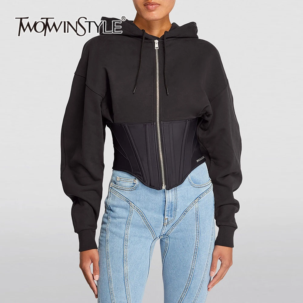 

TWOTWINSTYLE Solid Patchwork Zipper Casual Jacket For Women Hooded Long Sleeve Tunic Spliced Drawstring Slimming Coats Female