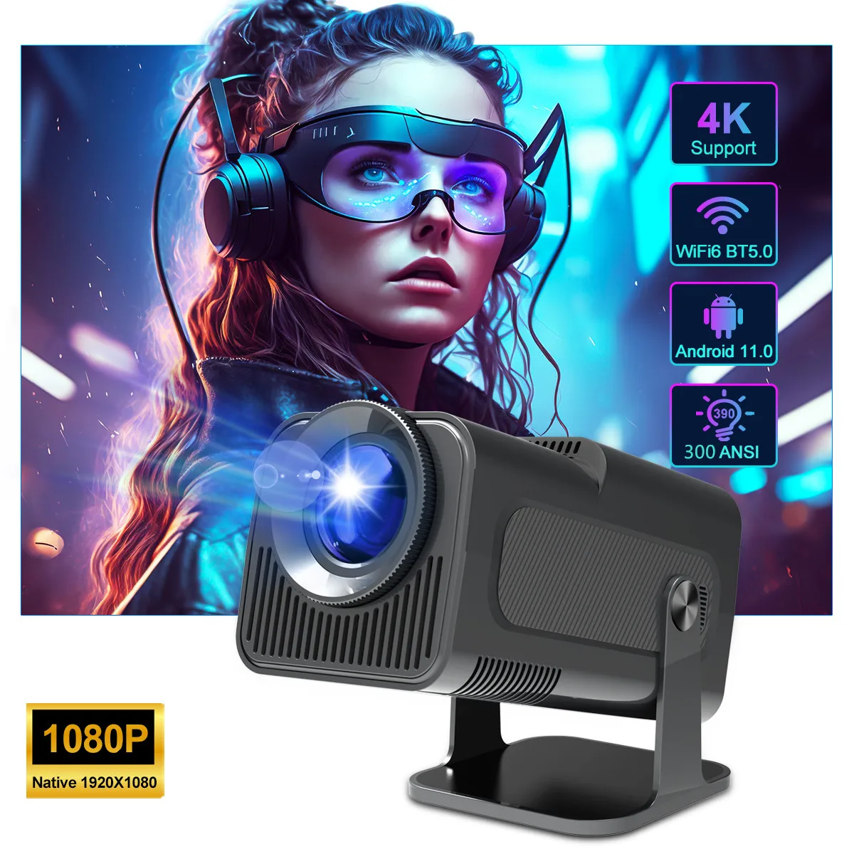 

Android 11 390ANSI 4K HY320 Projector Native 1920*1080P Supported 10000 Lumens WiFi 6 BT5.0 Cinema Outdoor Portable Projetor