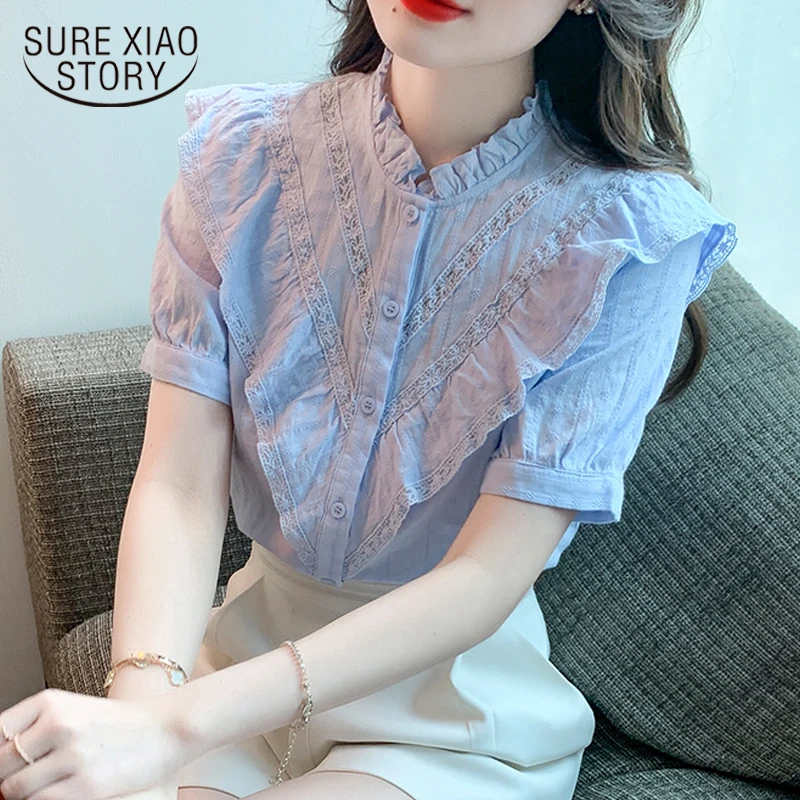 

Женская шифоновая блузка на пуговицах, белая или синяя рубашка с коротким рукавом, лето 22158