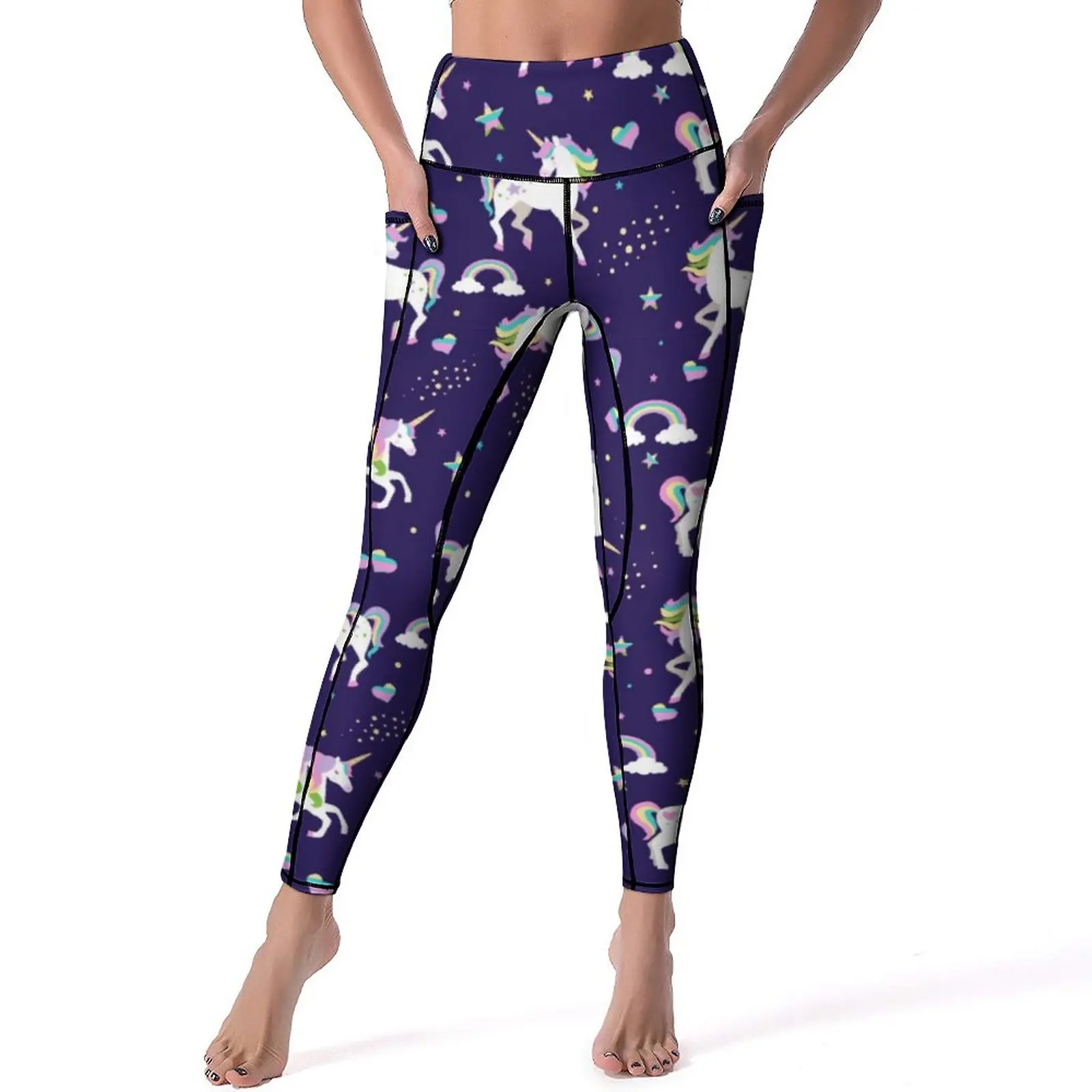 

Stars Unicorn Leggings Sexy Cute Purple Rainbow Workout Yoga Pants Push Up Stretchy Sports Tights Pockets Casual Custom Leggins