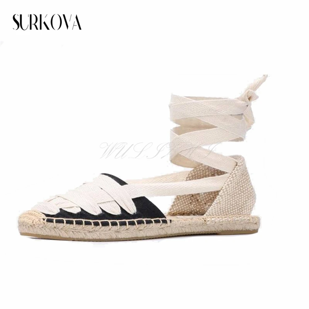 

Apricot Ribbon Flat Espadrilles Solid Ankle Lace-Up Bucket Shoes Round Toe Flat Slingback Mules Lady Summer Roman Casual Sandals