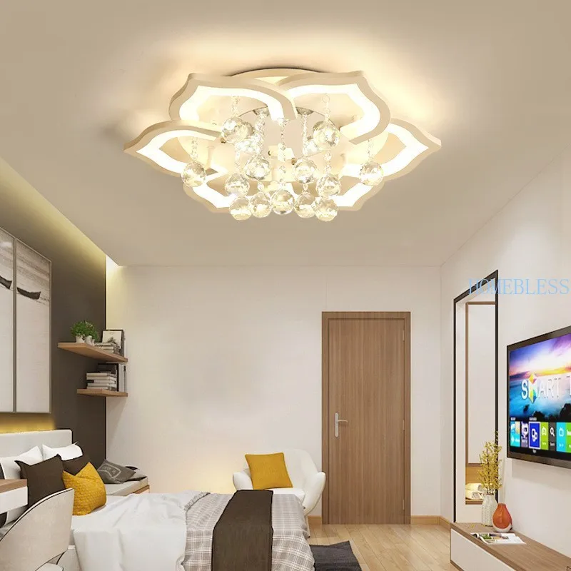 

Modern Crystal Living Bed Room Petal Ceiling Lamp Home Decor LED Lighting White Flower Shade Fixture Dimmable Luminous