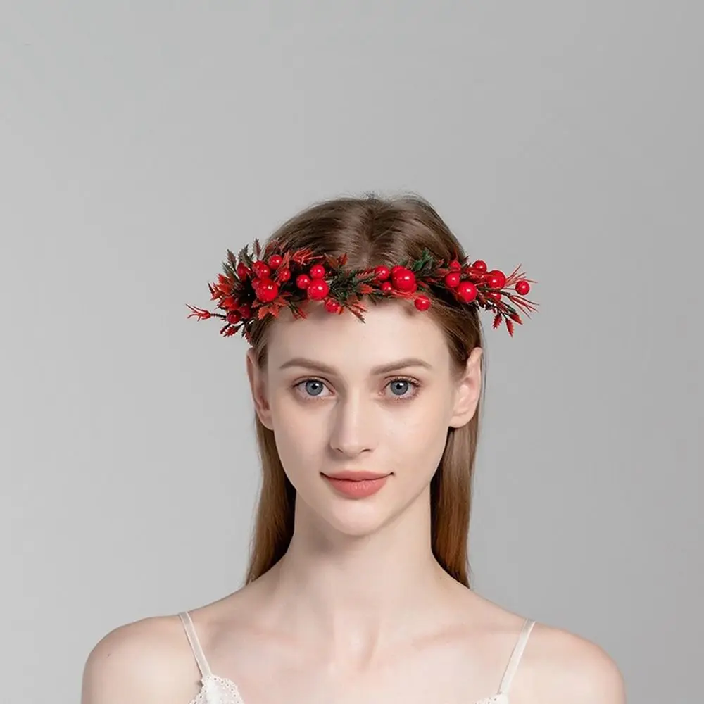 

Party Hairband For Girls Cloth New Year Decoration Women Headwear Red Berry Garland Crown Flower Headband Wreath Decoration