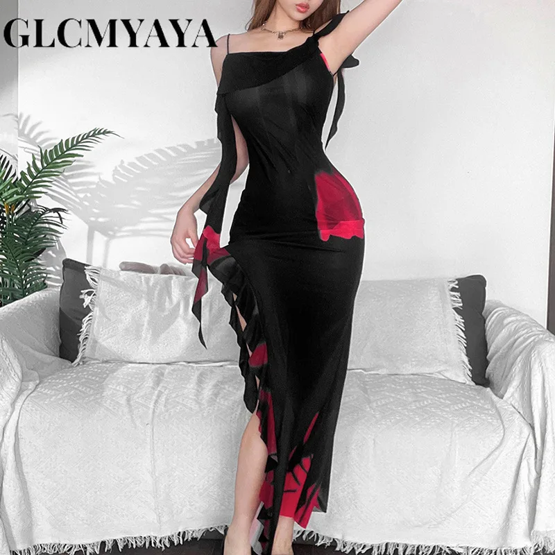 

GLCMYAYA Women Streetwear Floral Print Slash Neck Backless High Side Slit Bodycon Dress 2023 Flounced Edge Evening Dresses