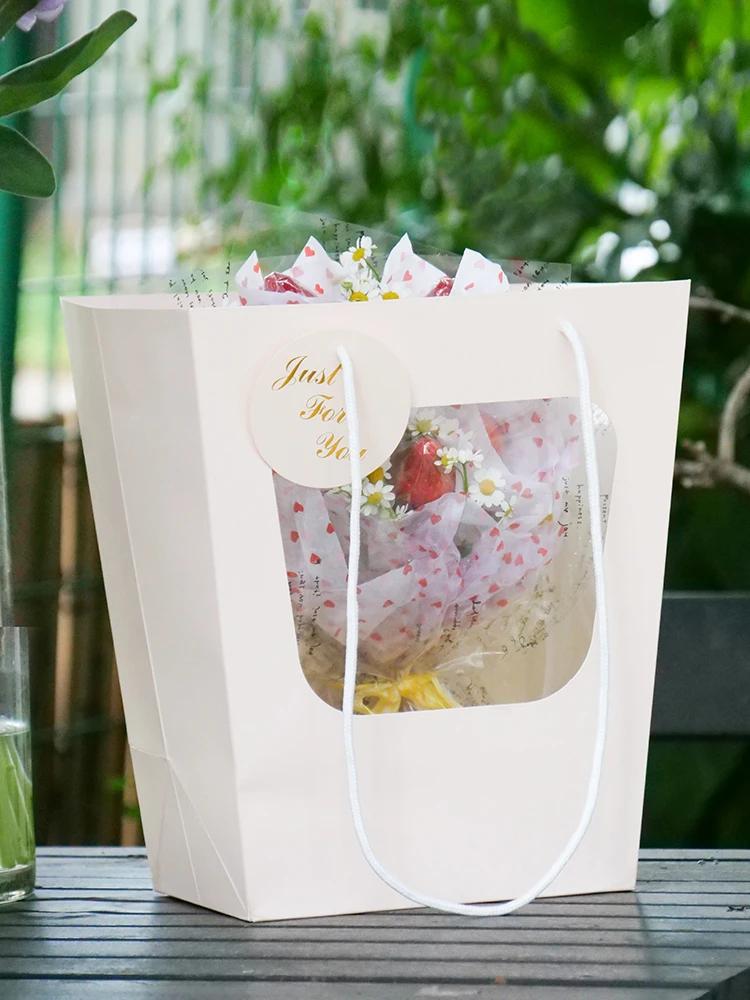 

10pcs Trapezoidal Transparent Showcase Style Handbag Valentine's Day Floral Gift Handbags Flower Shop Flower Foldable Handbag