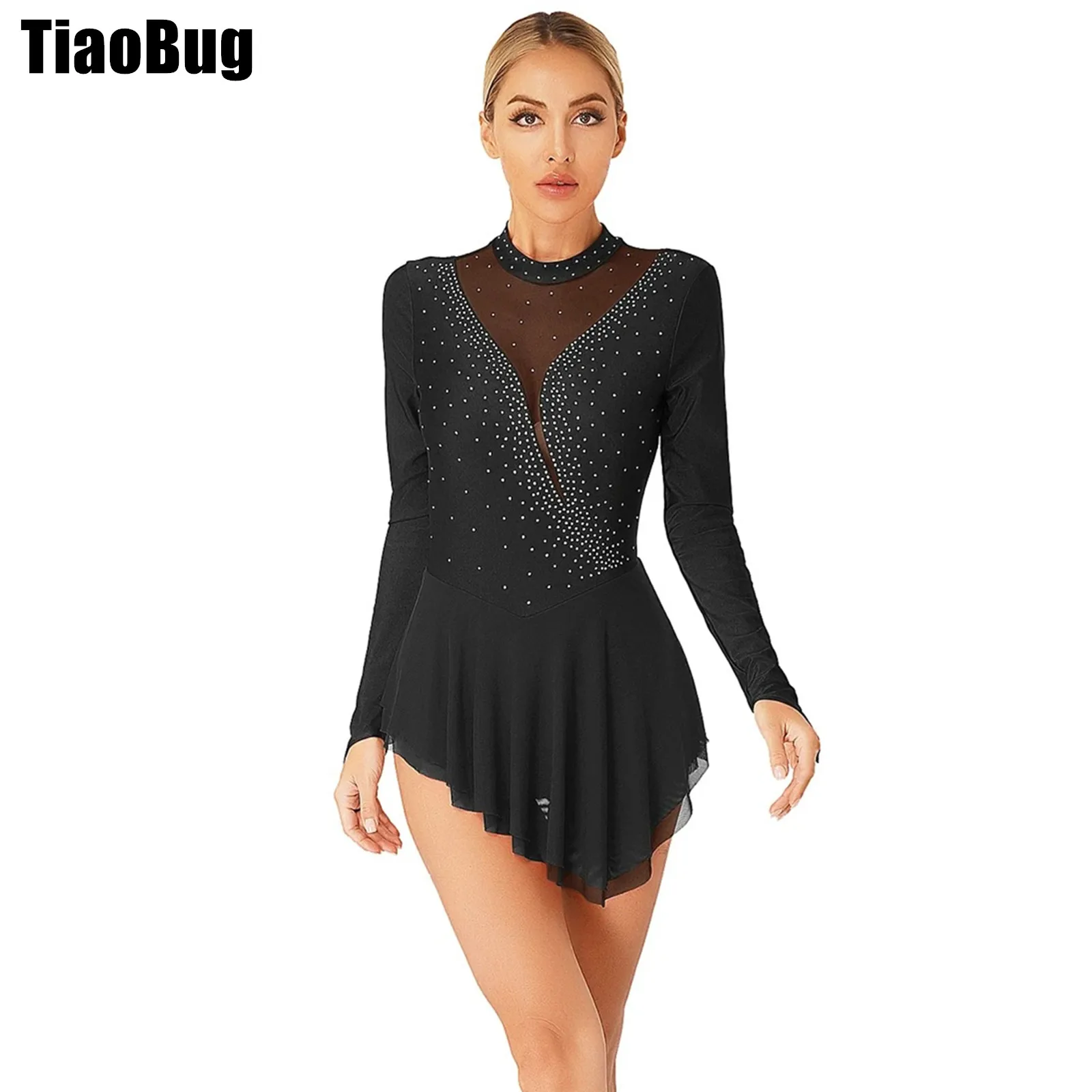 

Women Ice Skating Dance Dress Glittery Rhinestone Sheer Mesh Patchwork Irregular Hem Long Sleeve Dresses for Competition Costume