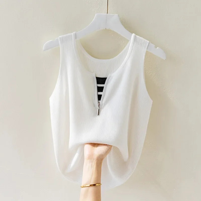 

Camisole Vest Women Undershirt with A Suit Base Sleeveless Fake Two-piece Knitted Sweater Summer Top