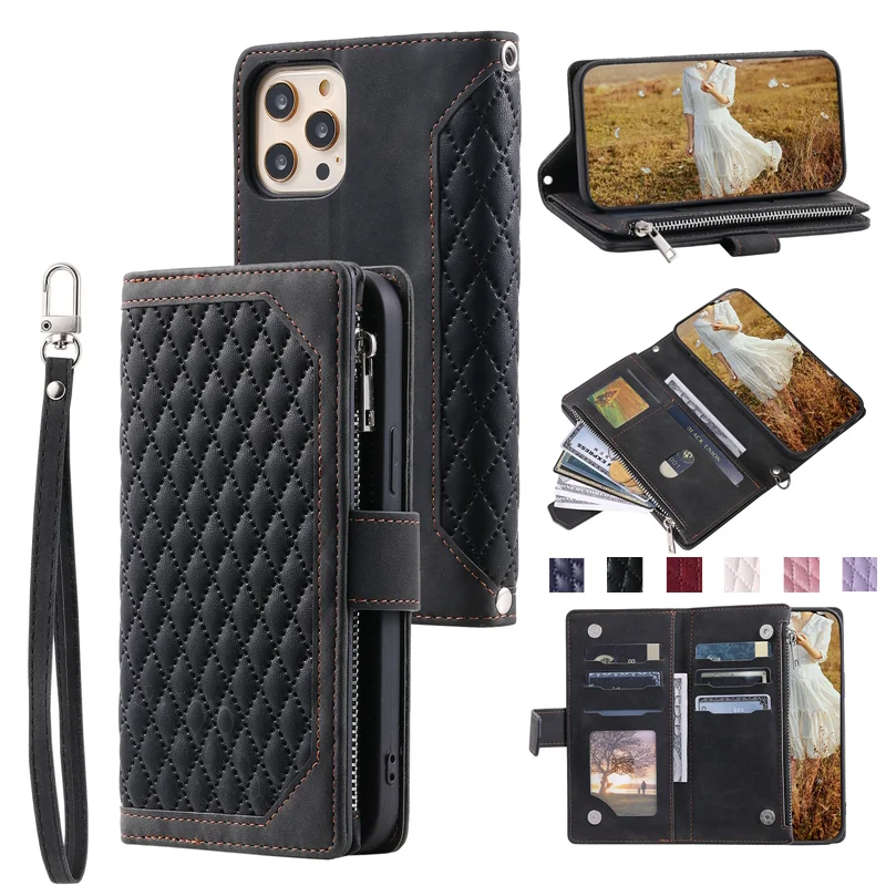 

Lanyard Zipper Leather Case for iPhone 14 15 Pro Max 13 12 11 Pro XR XS 8 7 Plus SE Mini Rhombic Wallet Card Slot Flip Cover