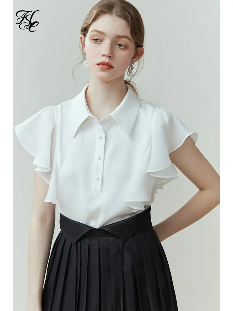 

FSLE Office Lady White Ruffle Shirt For Women Summer 2023 New Polo Neck Small Flying Sleeve Causal Loose Tops For Women