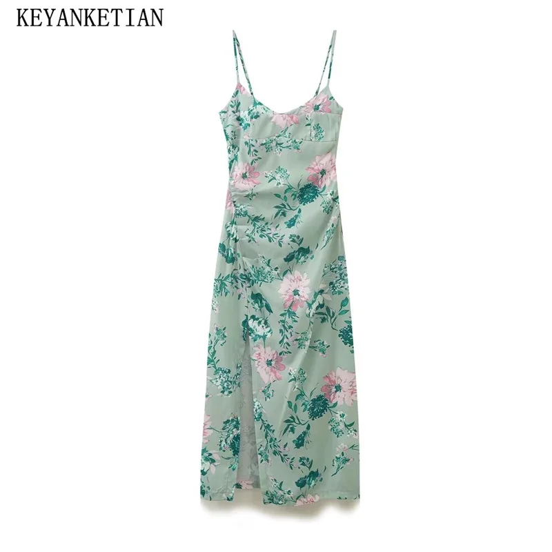 

KEYANKETIAN 2024 New Launch Women's Pleated Halter Dress Pastoral style Slim Side Slit Adjustable Strap Sleeveless MIDI Dress