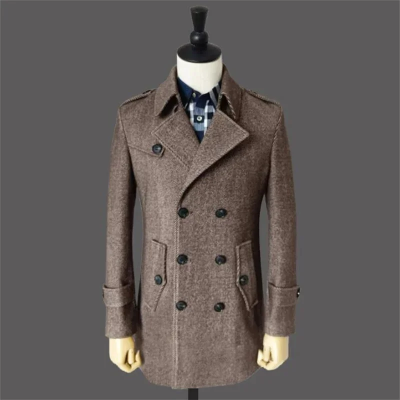 

Осенне-зимнее Новое мужское шерстяное пальто средней длины, приталенное, модное двубортное пальто, коричневая, серая, большие размеры