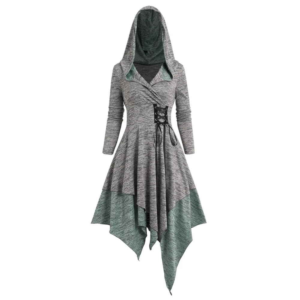 

Long Sleeve Colorblock Space Dye Print Asymmetric Hooded Dress Lace Up Layered Midi Handkerchief Women Vestido Feminino