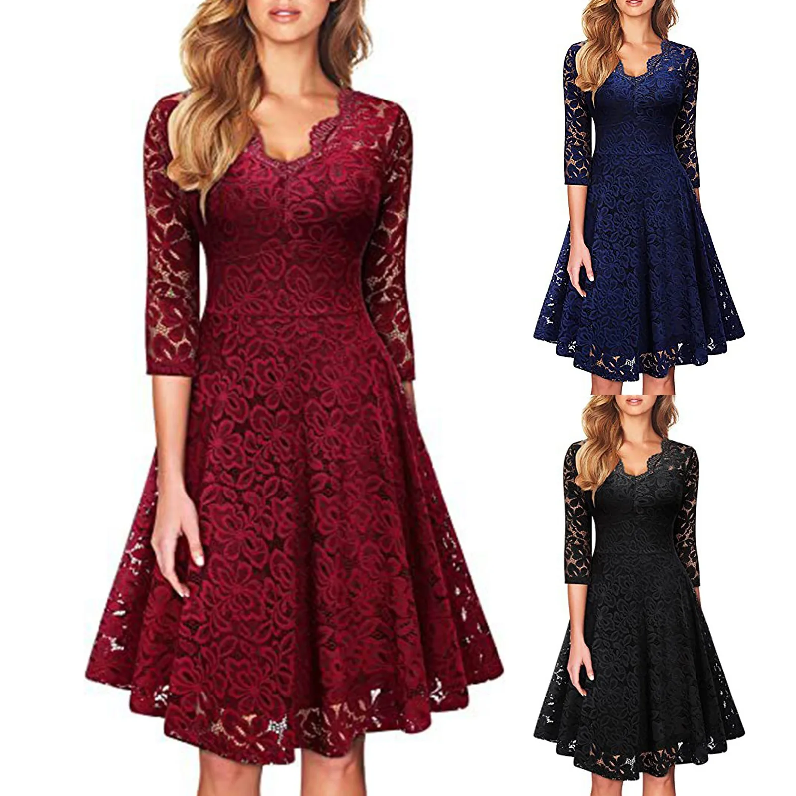 

Женские платья в стиле ретро, кружевное Цветочное платье средней длины с V-образным вырезом, длинным рукавом и облегающей талией