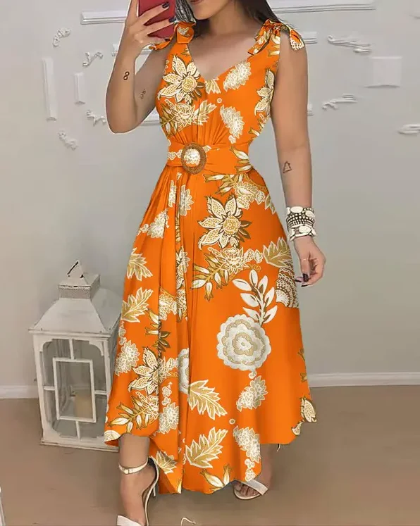 

Women's Dress Elegant Fashion Summer Holiday Floral Print Tied Detail Straps V-Neck Belted Design Casual Daily A Line Maxi Dress