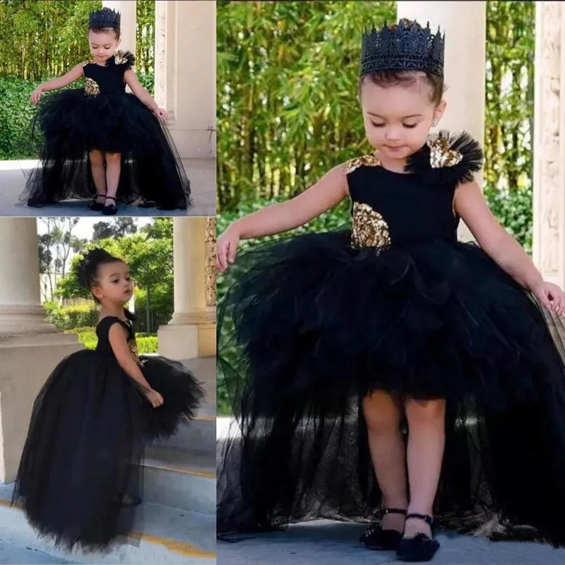 

Black Elegant Flower Girl Dress Princess Lace Puffy Applique Tulle First Holy Communion Birthday Party Dresses