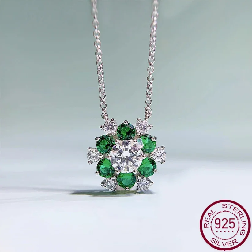 

Jewelry S925 Silver Ruby Emerald Sunflower One Carat Diamond Necklace Luxury Flower Pendant Women's Simple Style