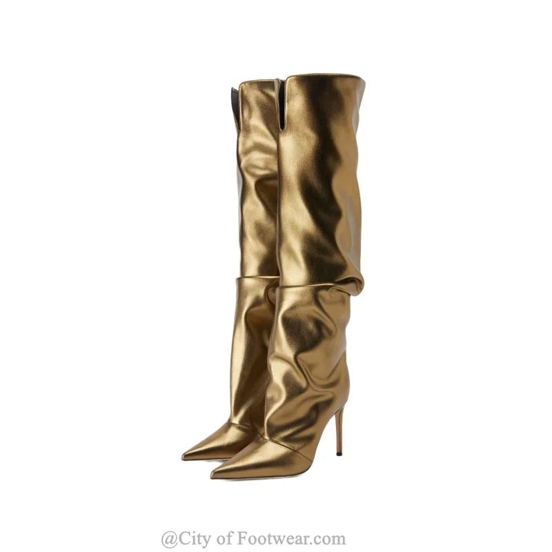 

Metallic Leather Pointed Toe Knee High Boots Gold\Sliver\Black High Heels 2023 Winter New Tall Boot Luxury Designer Women Shoes