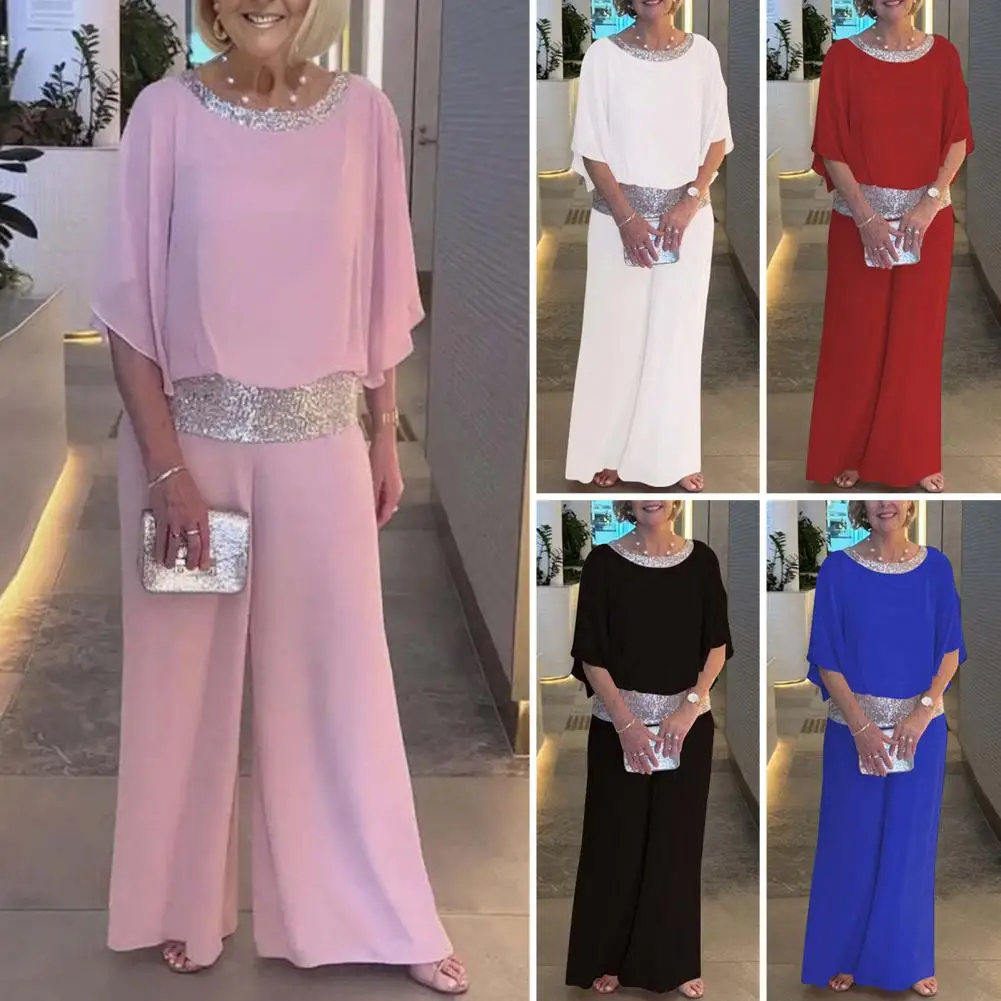 2 Pcs/Set Women Top Pants Suit Shiny Sequin Bat Sleeves Patchwork Round Neck Loose Wide Leg Soft Breathable Casual Formal Solid
2 Pcs/Set Women Top Pants Suit Shiny Sequin Bat Sleeves Patchwork Round Neck Loose Wide Leg Soft Breathable Casual Formal Solid