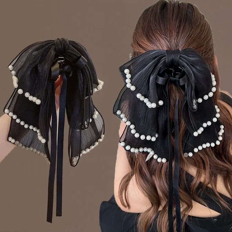 Korean Bow Ribbon Pearl Small Hair Claw Cute Sweet Chiffon Clips Women Ponytail Clip Hair Accessories 
Korean Bow Ribbon Pearl Small Hair Claw Cute Sweet Chiffon Clips Women Ponytail Clip Hair Accessories