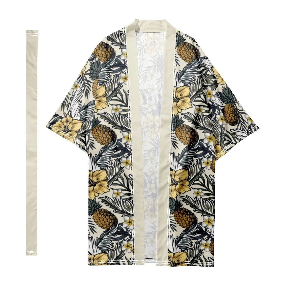 

Men's Japanese Traditional Hawaiian Flamingo Stripes Long Kimono Cardigan Samurai Bathrobes Kimono Shirt Yukata Jacket 5