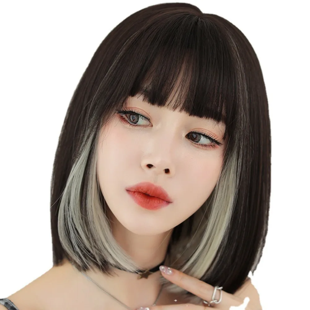 

Accessories Shoulder Length Bang Heat Resistant Fiber Straight Bob Wigs Hanging Ear-dye Wig Short Ombre Wigs Cosplay Lolita Wig