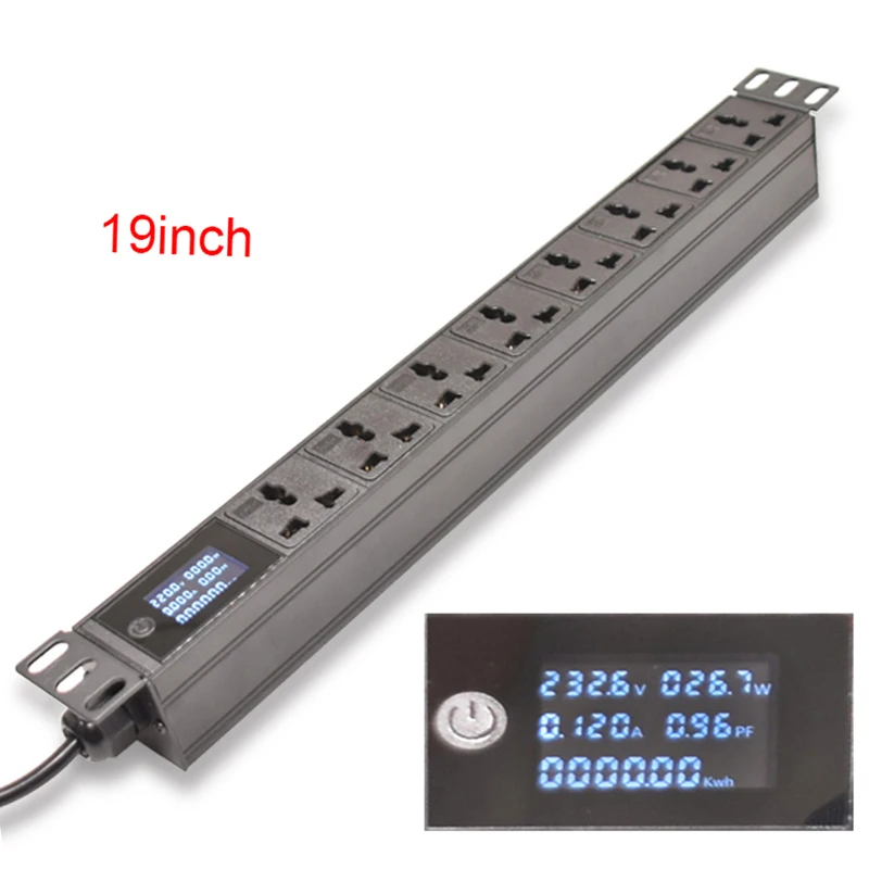 

PDU Power Strip 19inch Cabinet Mount Digital Voltmeter Ammeter Wattmeter with Switch 8 Ways Universal Socket 2meter Cord