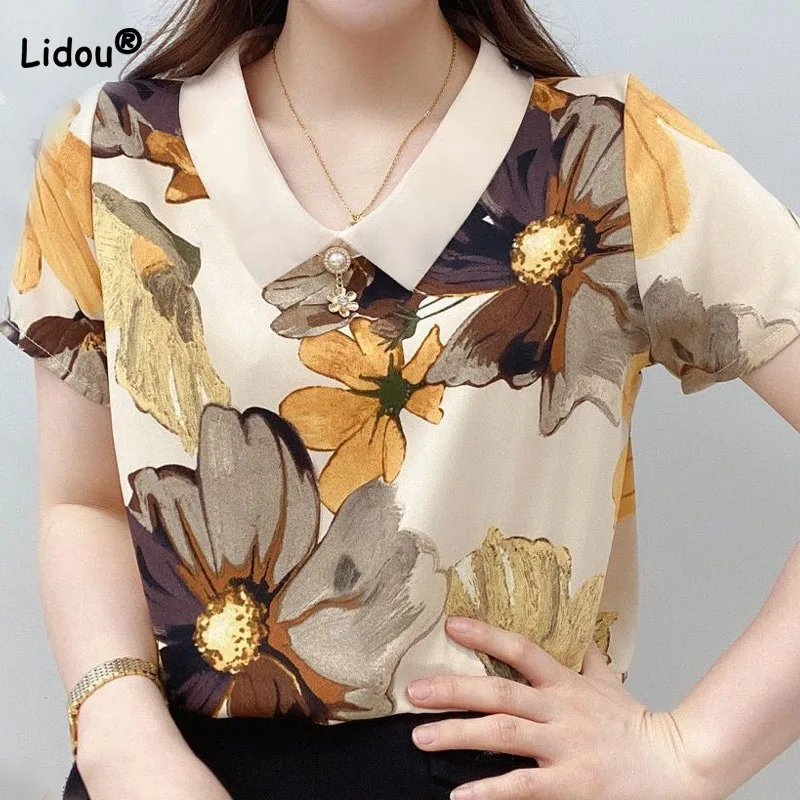 Summer New Polo-Neck Printed Short Sleeve Female T-shirt Korean All-match Beading Spliced Thin Tops Women's Clothing Fashion
Summer New Polo-Neck Printed Short Sleeve Female T-shirt Korean All-match Beading Spliced Thin Tops Women's Clothing Fashion