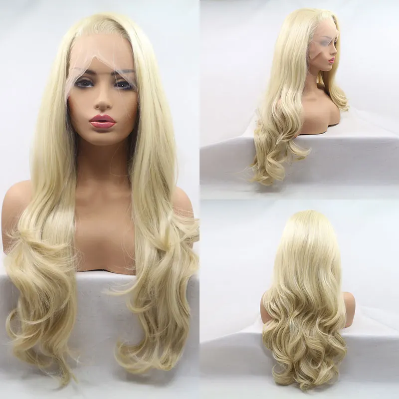 

Synthetic Lace Front Wig Honey Blonde Color #613 Body Wave Heat Resistant Fiber Hair Natural Hairline Side Parting For Women