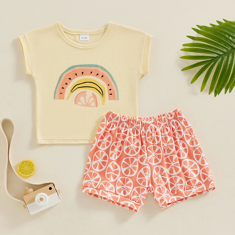

Toddler Girl Summer Clothes Watermelon Print Short Sleeve Round Neck T-Shirt with Shorts 2 Pcs Outfit