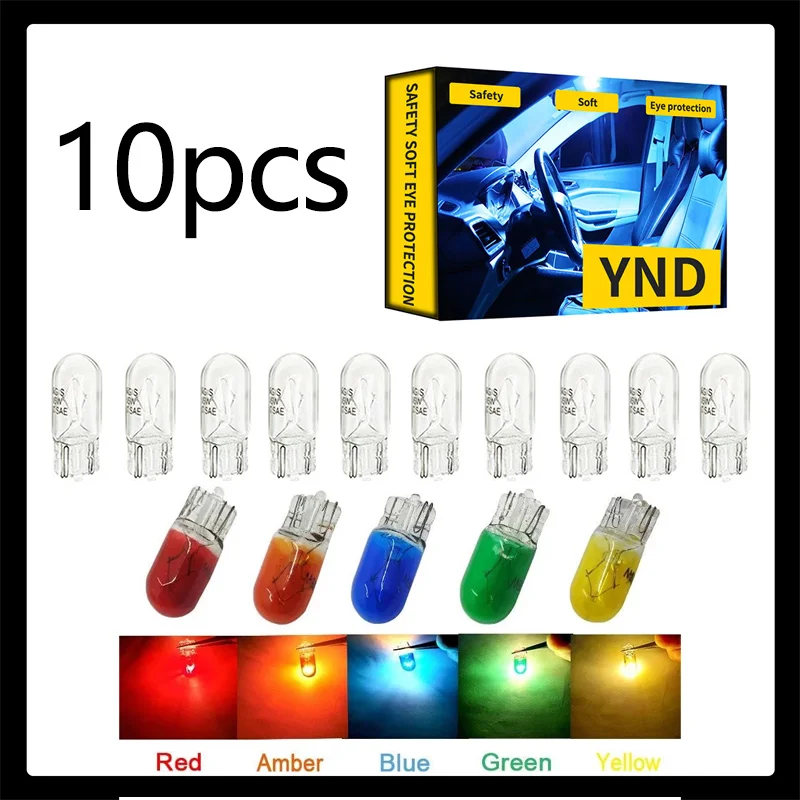 

10pcs Car T10 12V 194 168 W5W 5W Wedge Warm White Bule Red Yellow Green Amber Halogen Bulb Replacement Dashboard Bulb Light