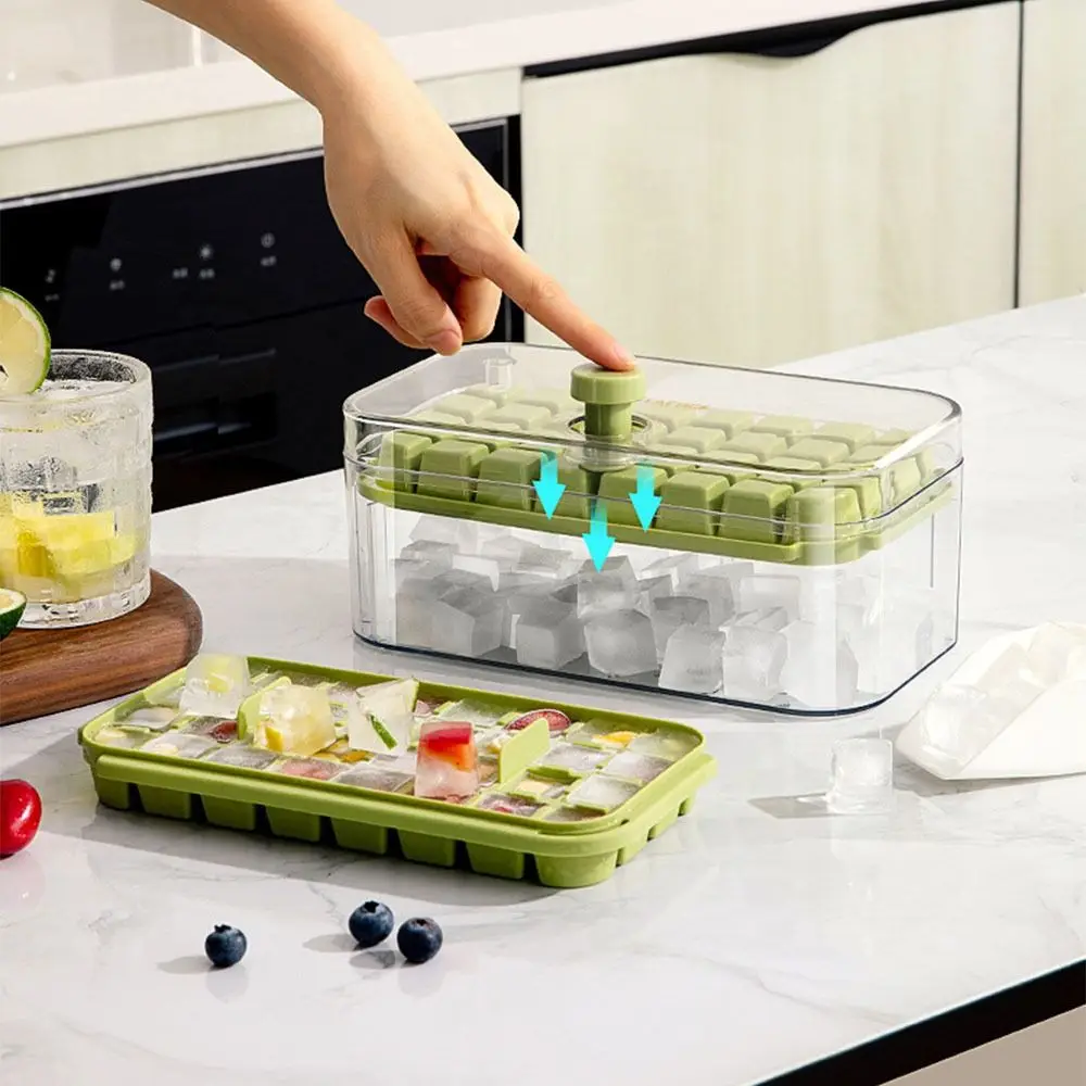 

One-button Press Ice Cube Tray with Storage Box 1/2 Layers Portable Ice Box Maker Removable Cover NO BPA Ice Cube Molds