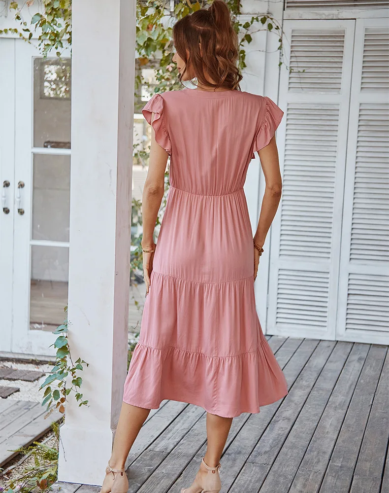 New Women's Spring Summer Leisure Vacation A Line Dress V Neck Sexy Flying Sleeve Solid Color Dresses New Women's Spring Summer Leisure Vacation A Line Dress V Neck Sexy Flying Sleeve Solid Color Dresses